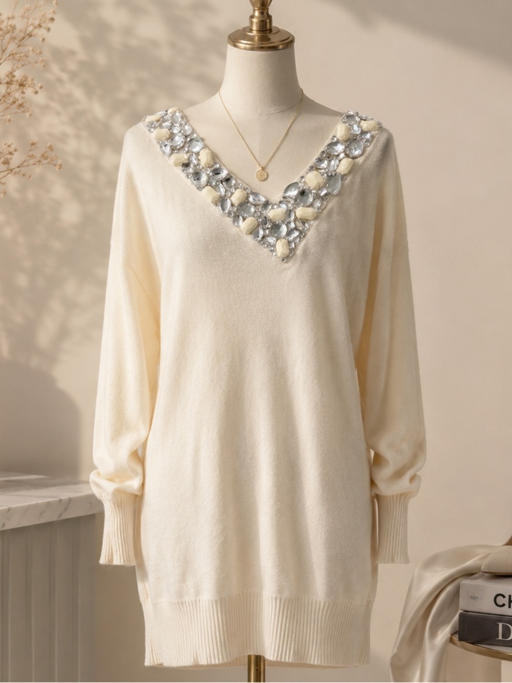 TWIN-SET Simona Barbieri Embellished Cashmere Silk Sweater Dress Tunic Large
